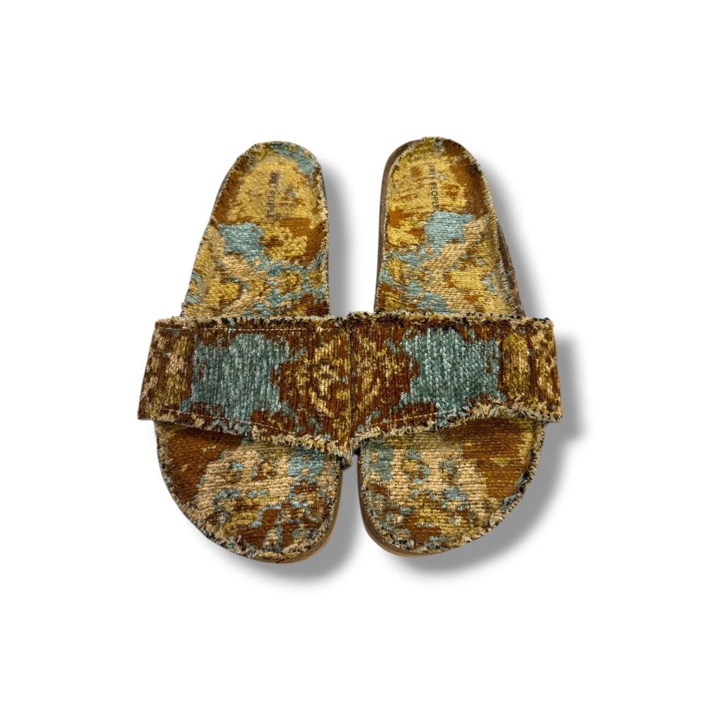Free People Tapestry Slide Sandals Womens 10 Gold Blue Velvet Platform Boho